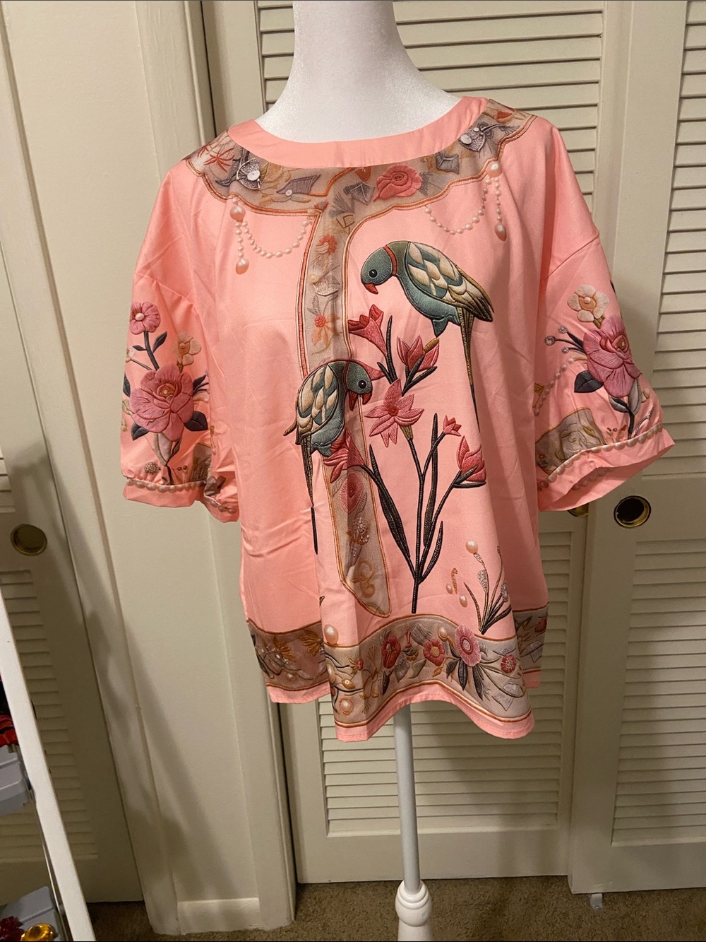 Pink Floral & Parrot Print Short Sleeve Women’s Top